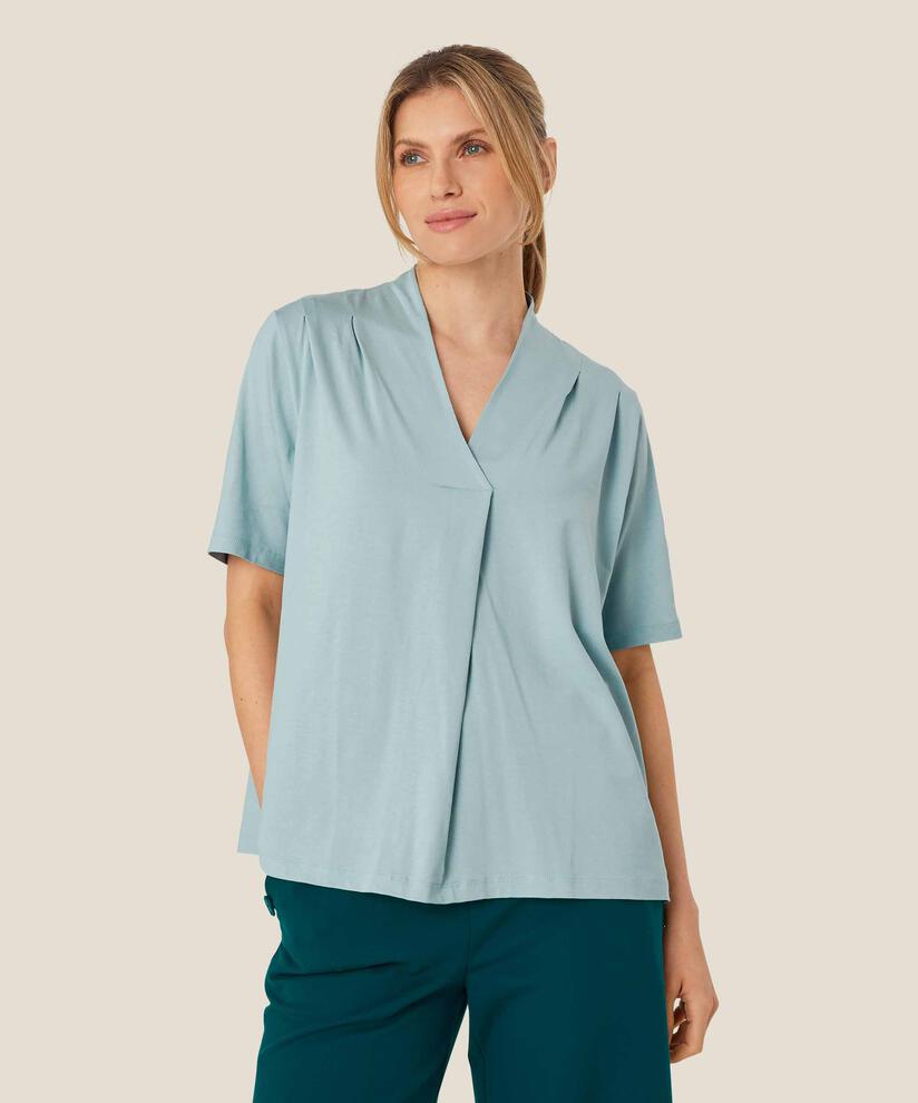 t-shirt avec col en V et drapés, Blue Haze