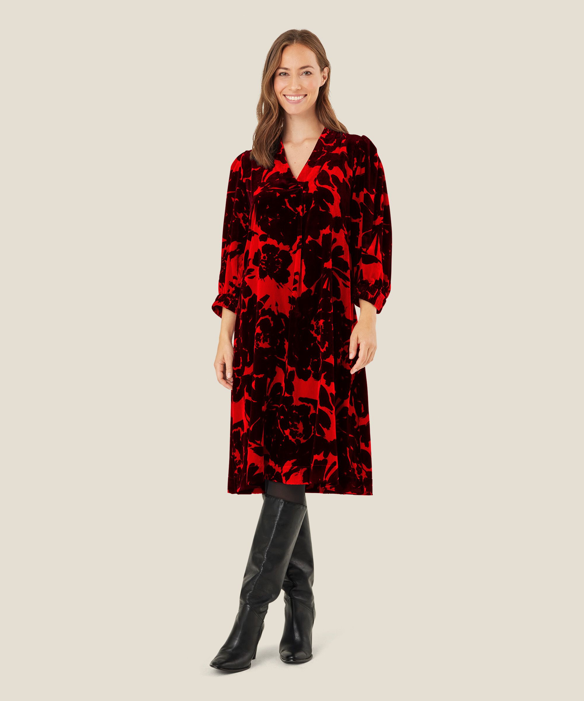 robe en velours fleuri avec col en V, Scarlet Sage