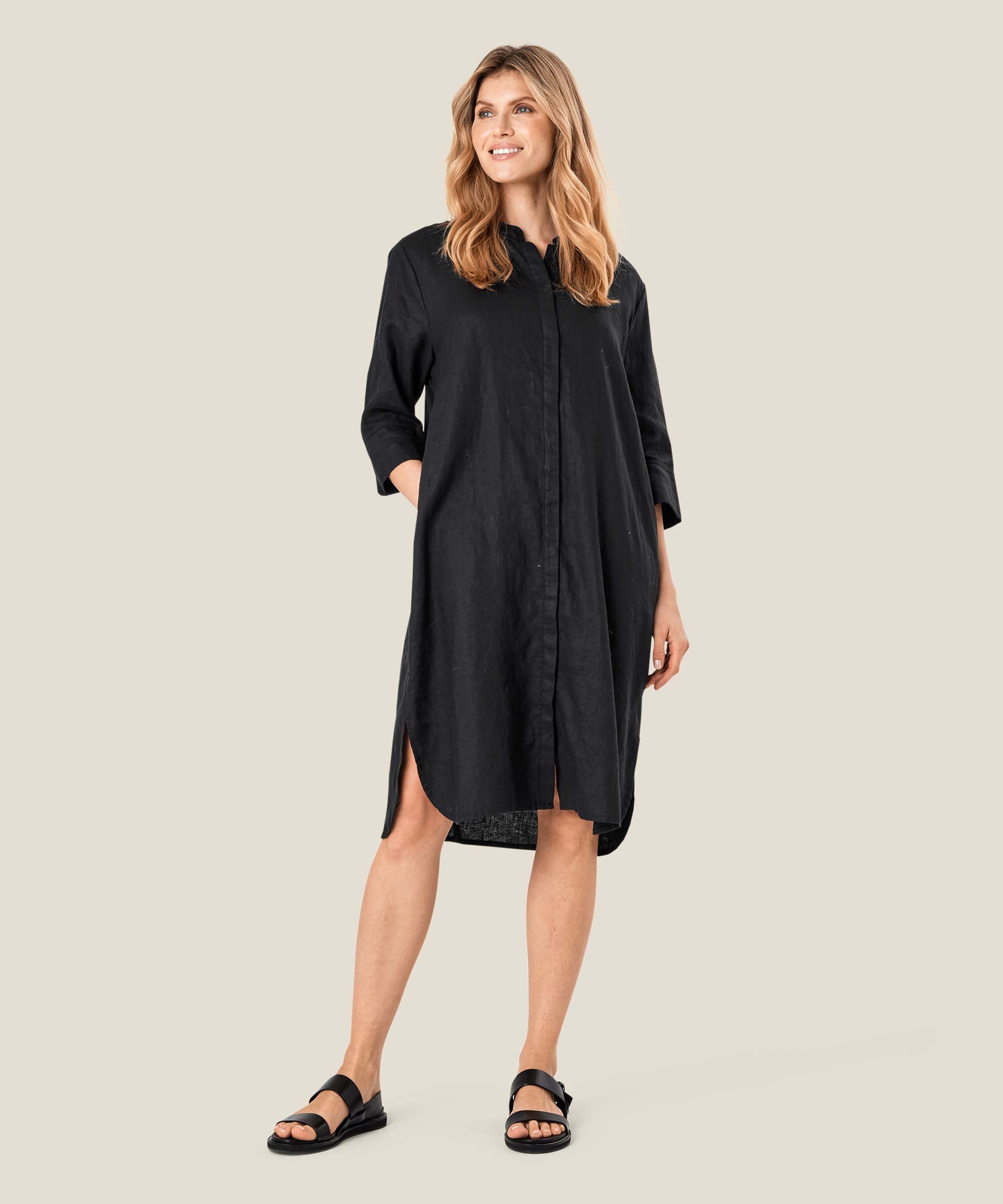 robe-chemise en lin avec manches trois-quarts, Black