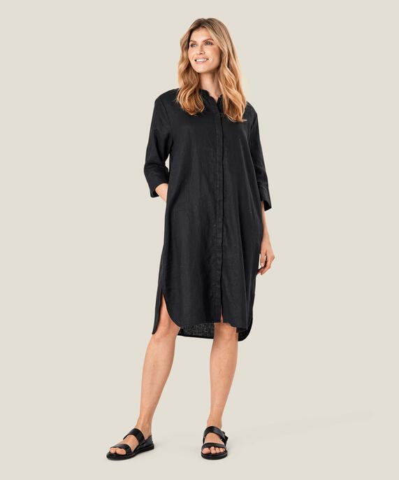 robe-chemise en lin avec manches trois-quarts, Black
