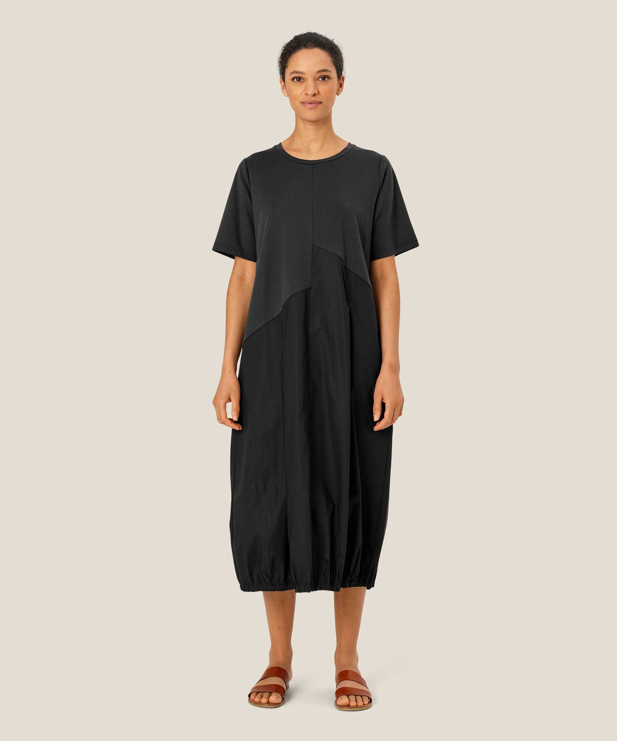 robe à manches courtes en jersey et popeline de coton, Black