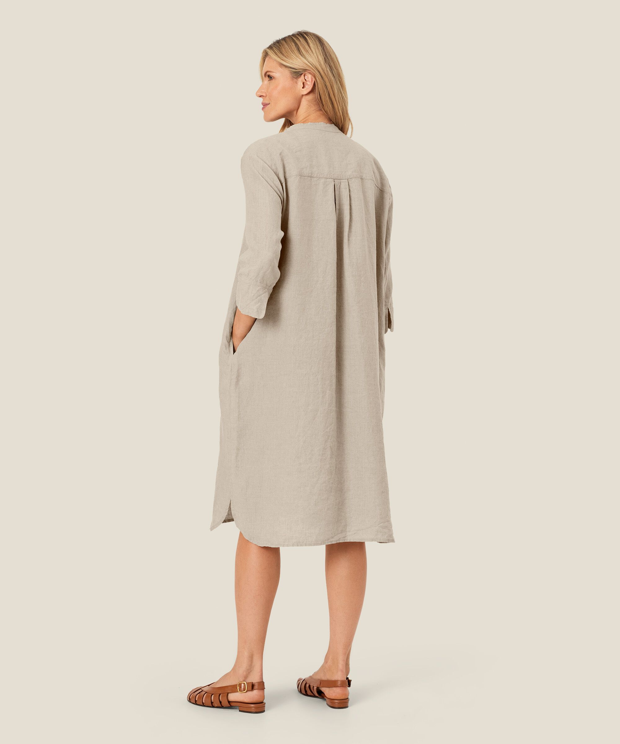 robe-chemise en lin avec manches trois-quarts, Natural