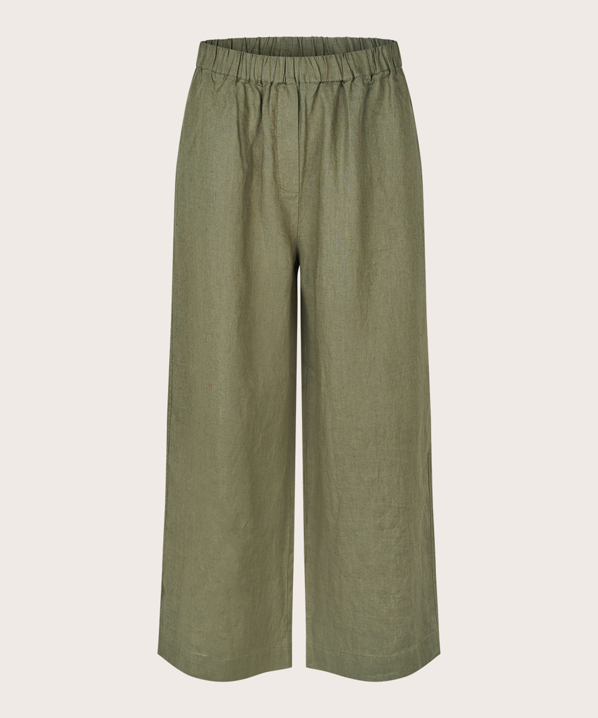 pantalon en lin à jambes larges et taille élastique, D. Lichen Green