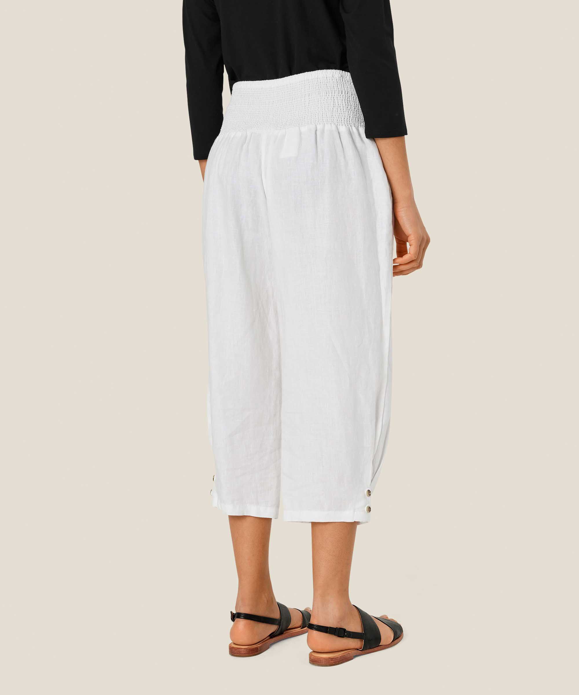 pantalon en lin avec large élastique smocké au dos, White