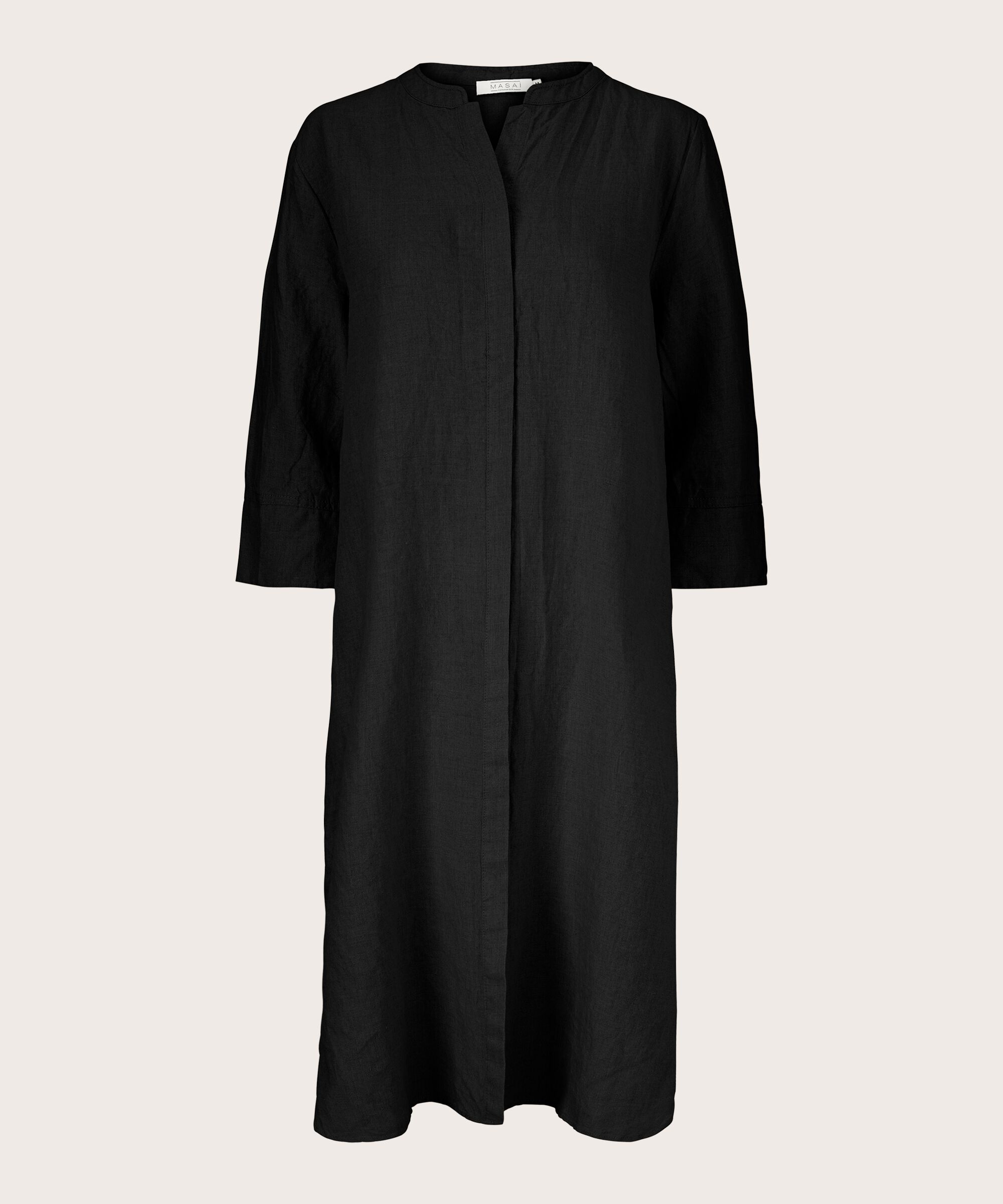 robe-chemise en lin avec manches trois-quarts, Black