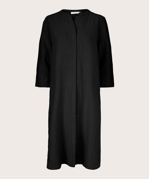 robe-chemise en lin avec manches trois-quarts, Black