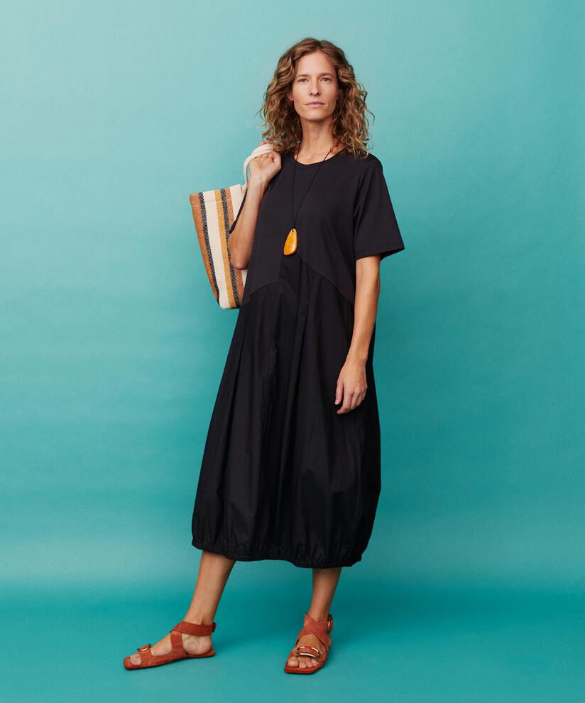 robe à manches courtes en jersey et popeline de coton, Black