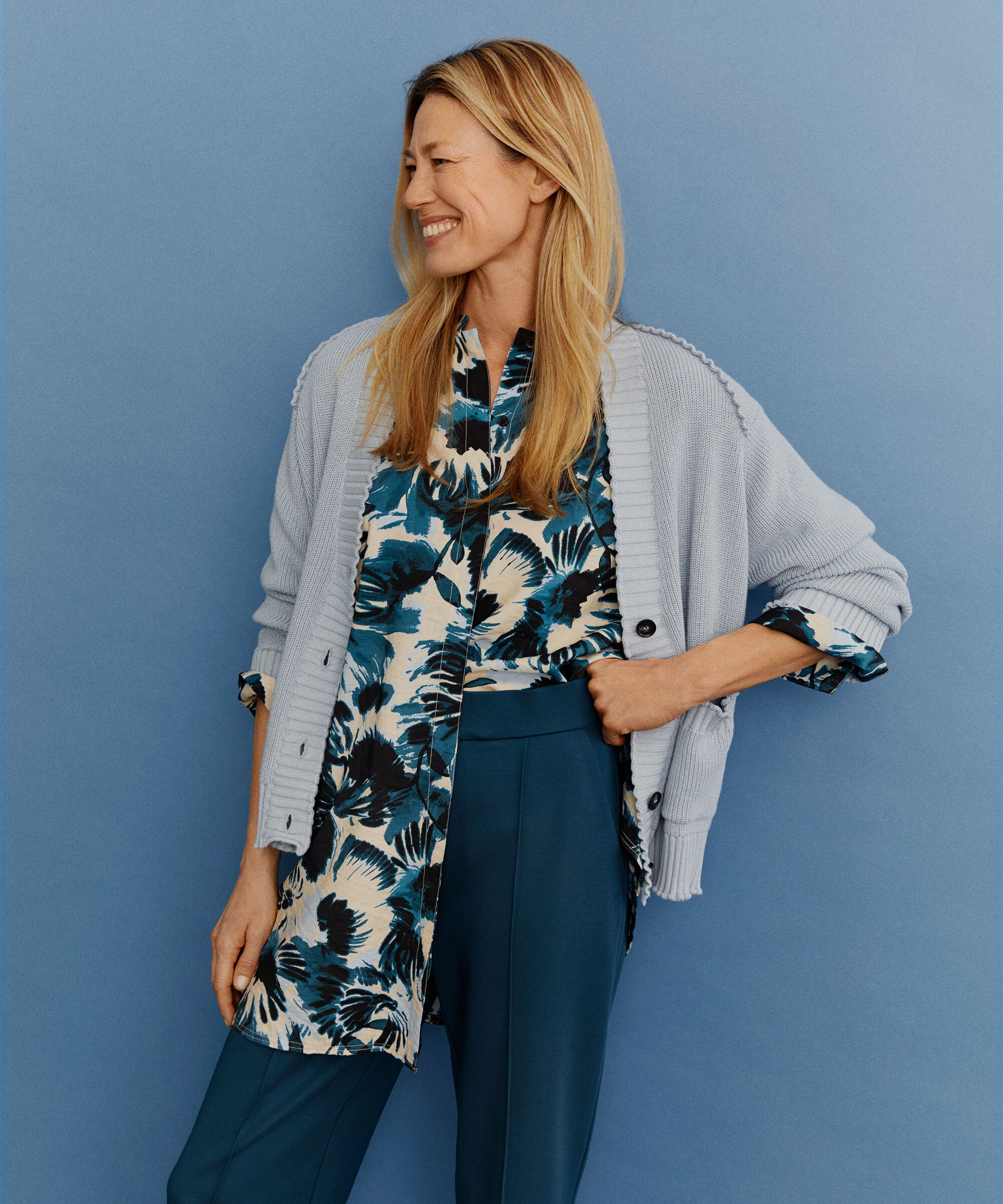 cardigan en coton avec d&eacute;tails volants sur les &eacute;paules, Blue Fog