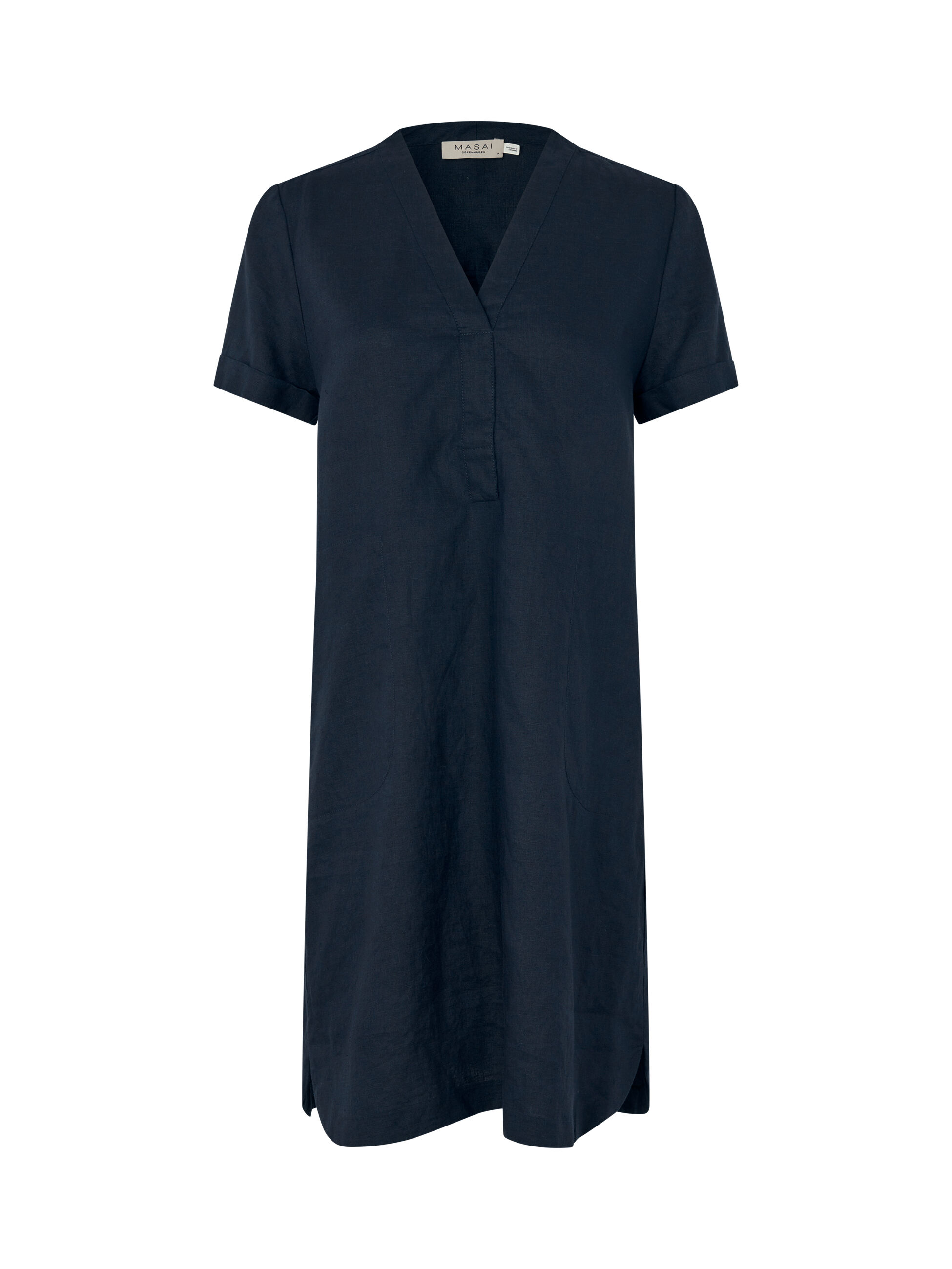 robe en lin avec col en V et poches fendues, Navy