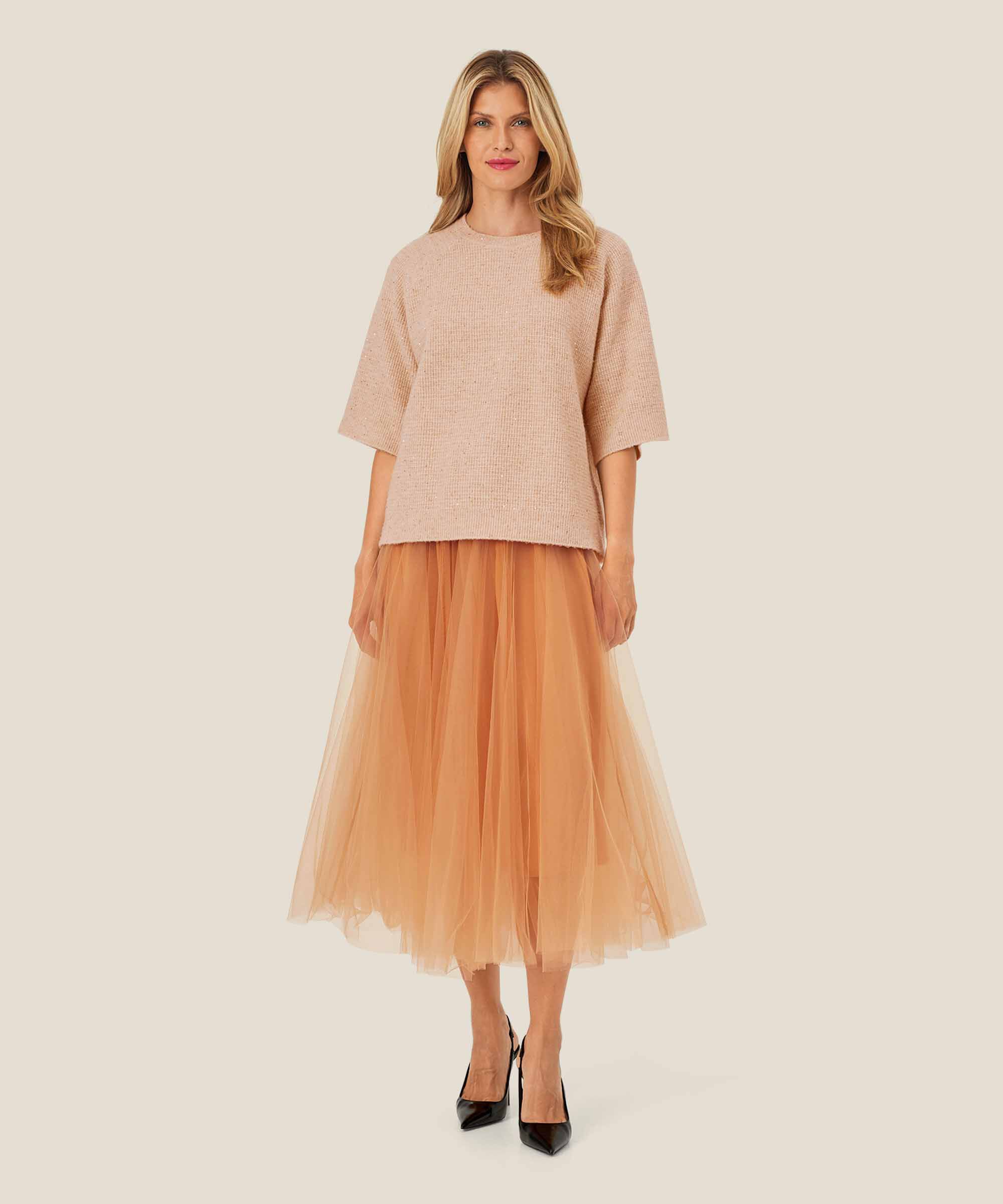 pull à manches courtes en laine mélangée avec paillettes, Bisquit