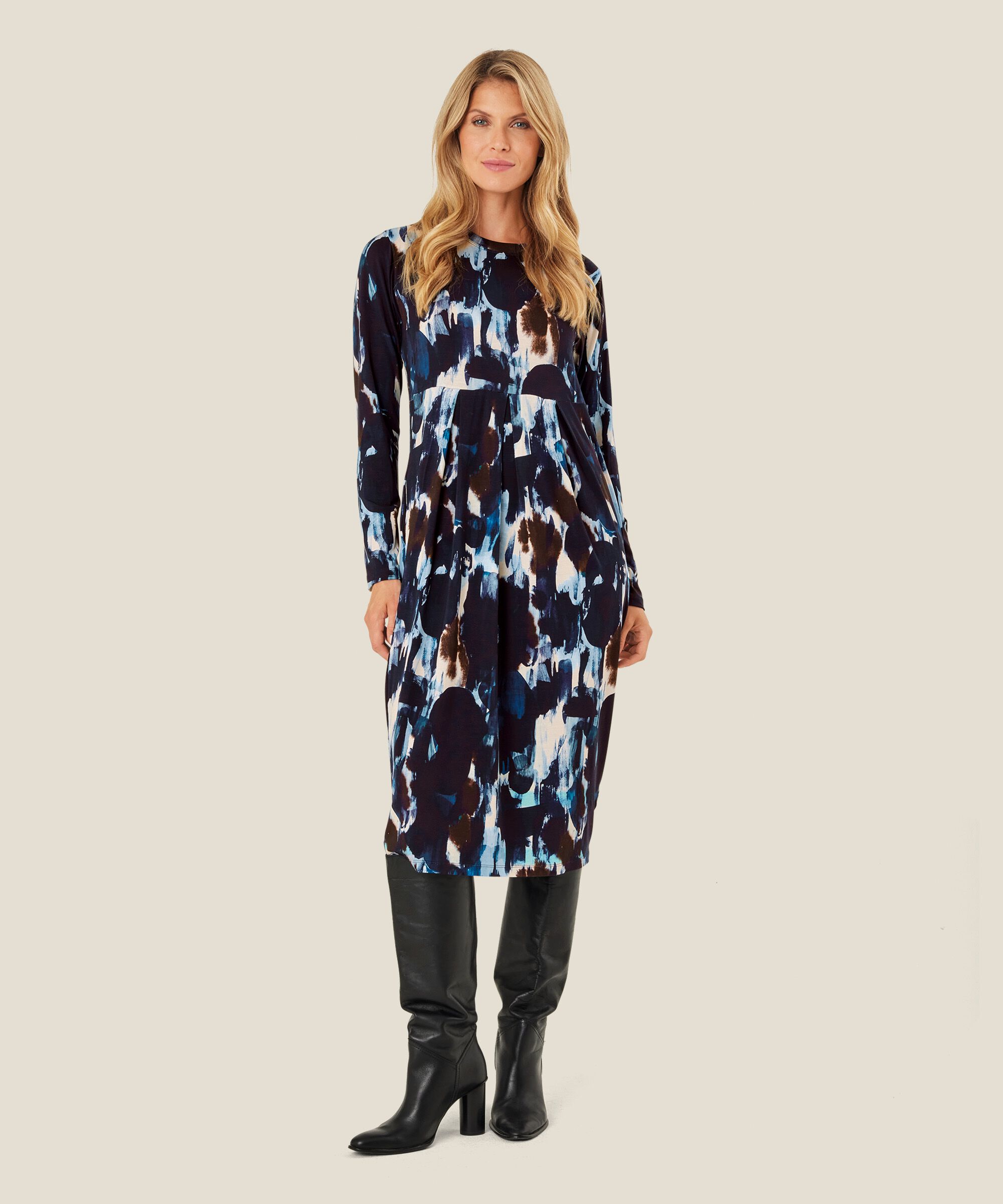 robe tulipe à motifs avec manches longues, Maritime Blue