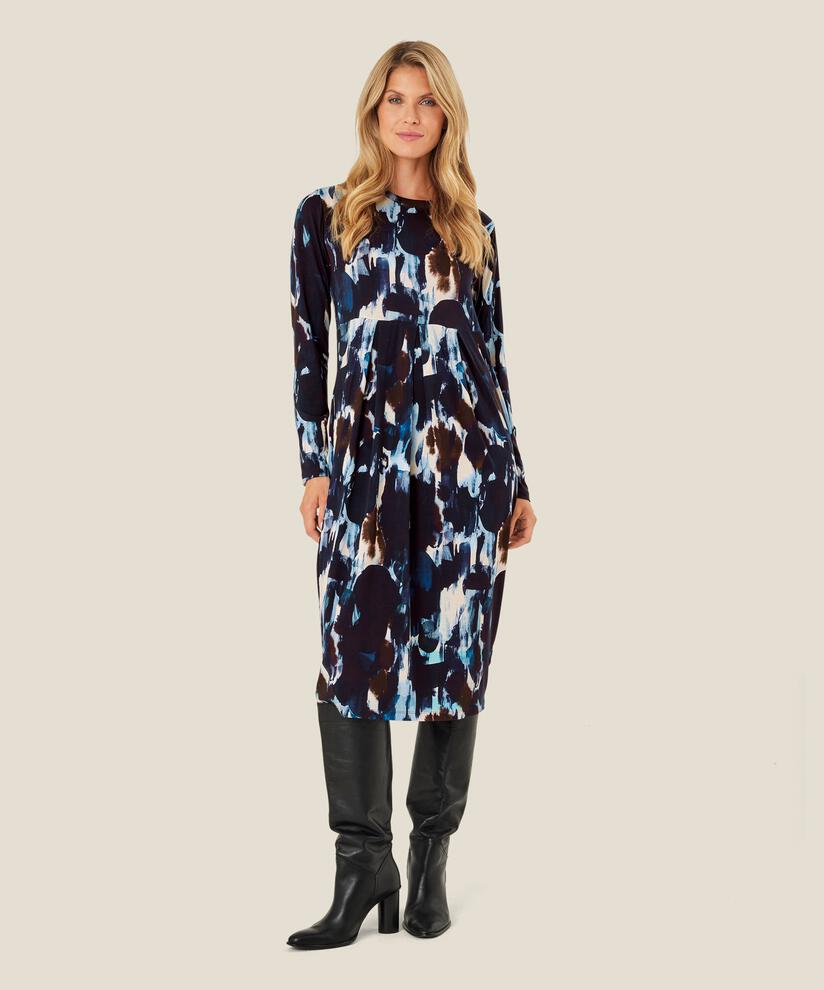 robe tulipe à motifs avec manches longues, Maritime Blue