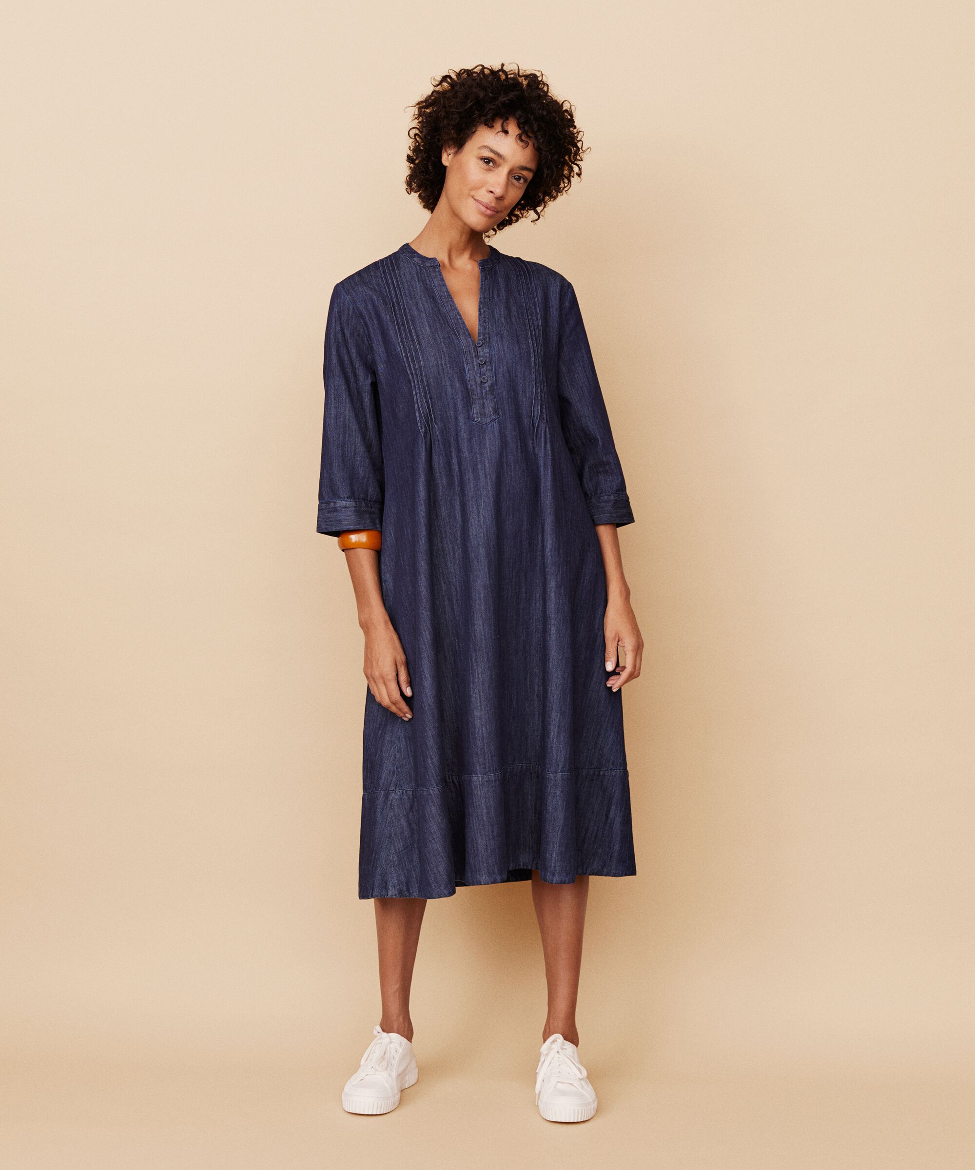 robe en jean à col en V profond, Dark Denim