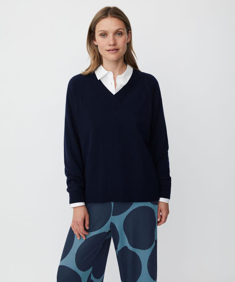 pull en laine mélangée avec col en V profond, Navy Blazer