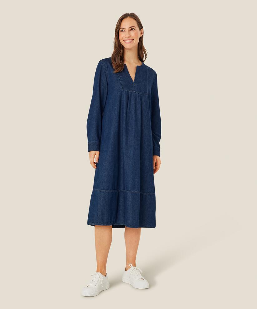 robe en jean avec col en V et ceinture, Dark Denim