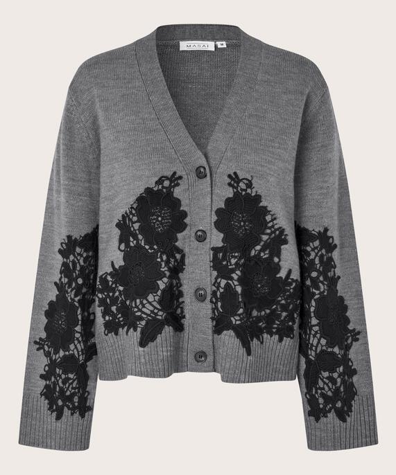 cardigan avec dentelle cousue et bords côtelés, M. Grey mel.