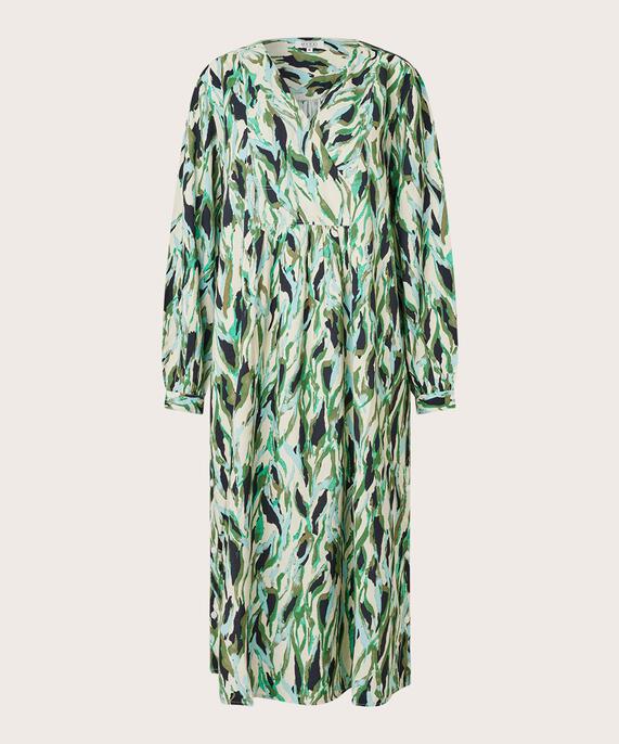 Robe imprimée en viscose mélangée avec col en V et plis au dos, D. Lichen Green