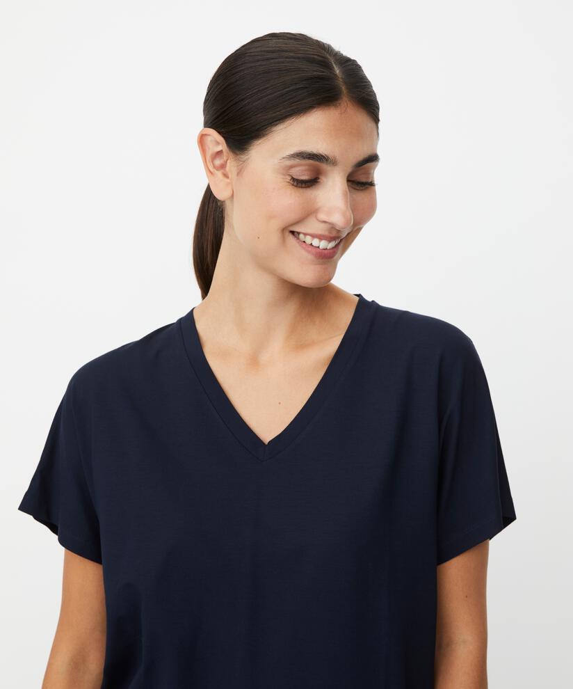 T-shirt col V en jersey doux, Navy