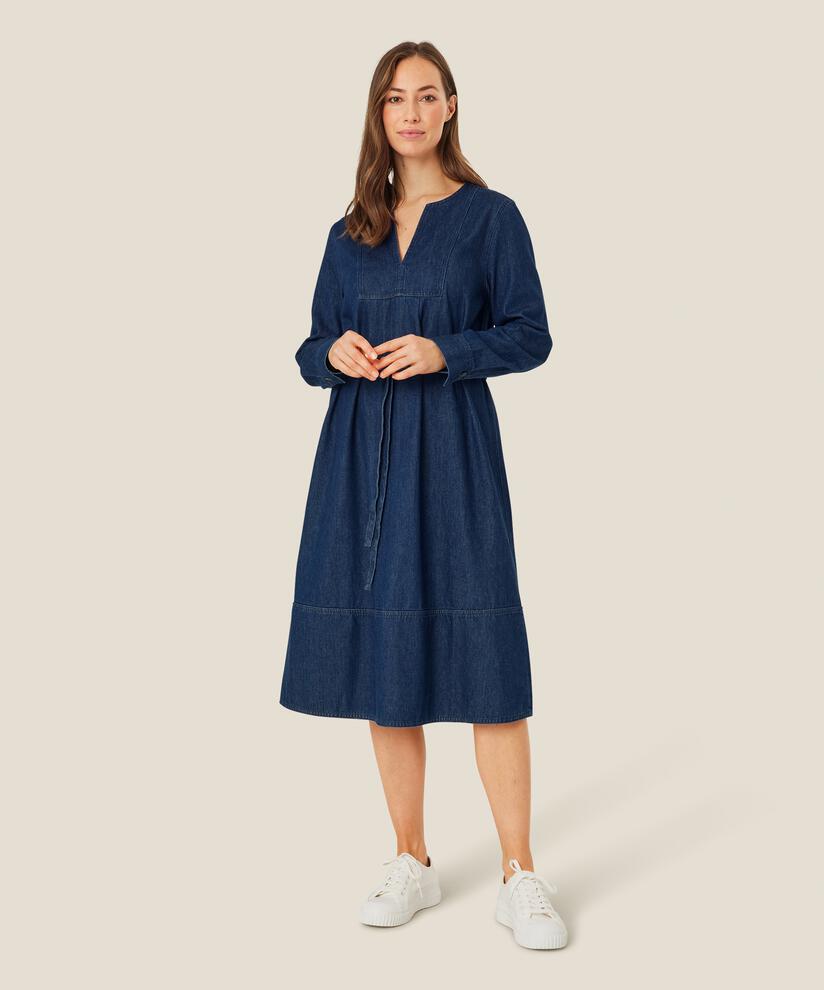 robe en jean avec col en V et ceinture, Dark Denim