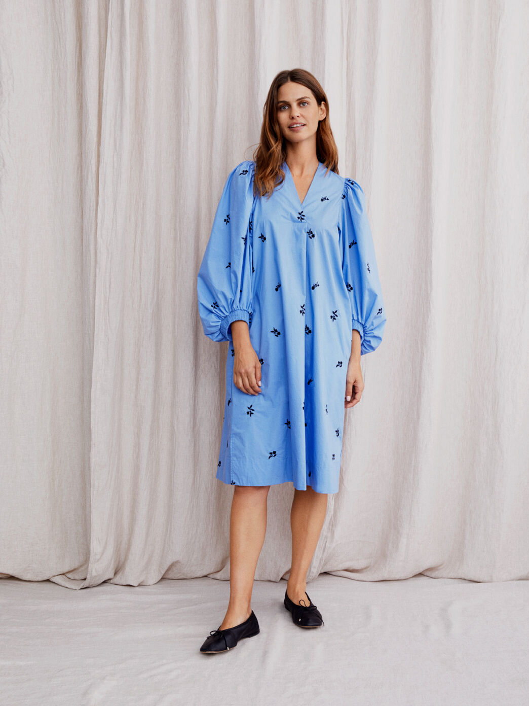 Robe &Agrave; Manches Volumineuses Et Poches Fendues, Blue Bonnet