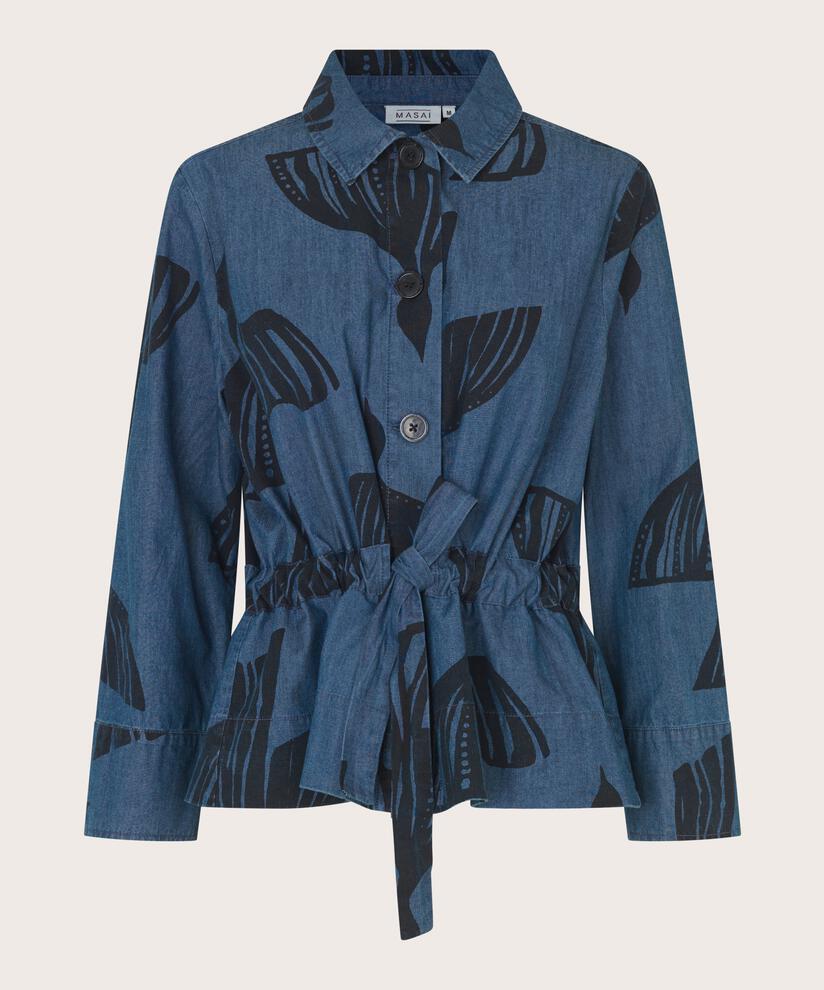 veste en jean imprimée avec lien à la taille, Dark Denim