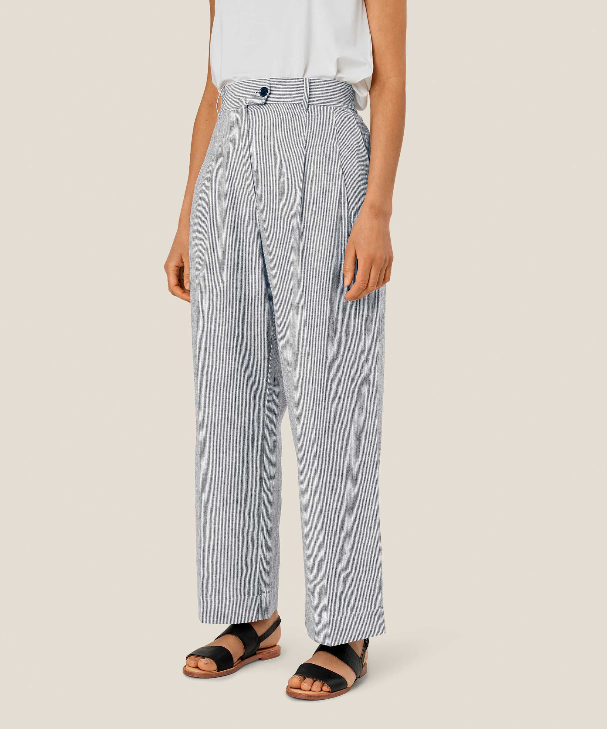 pantalon rayé en mélange de lin avec élastique au dos, Black