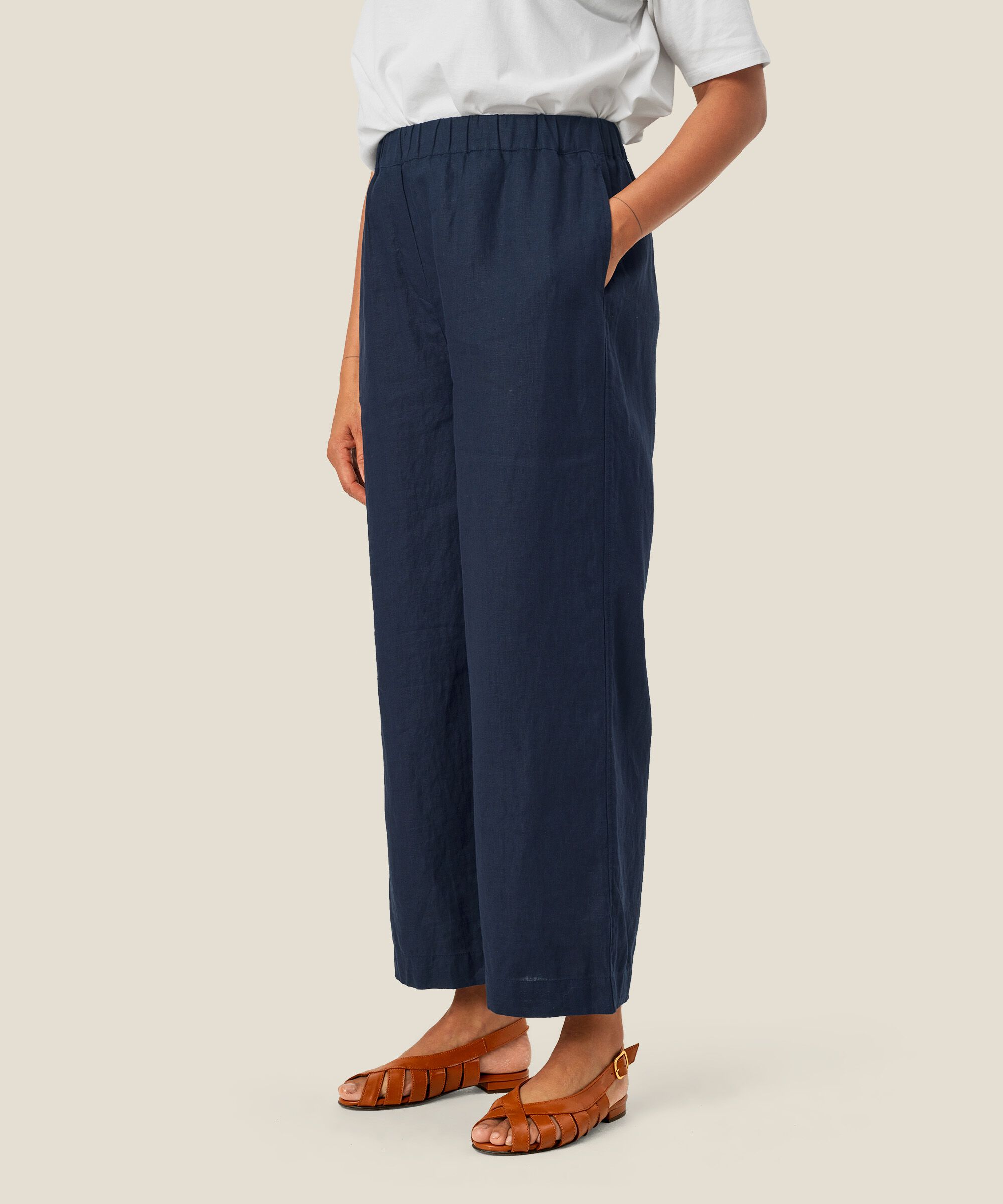 pantalon en lin à jambes larges et taille élastique, Navy