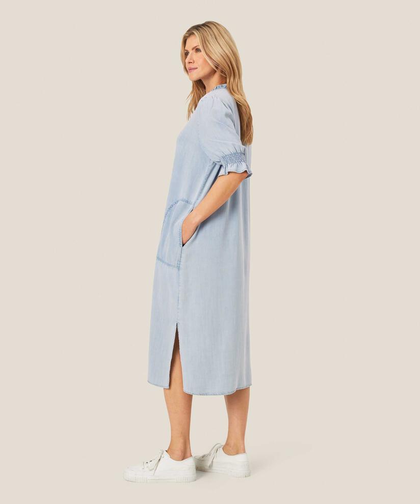 robe en jean avec volants au niveau du cou et poches fendues, Light Denim