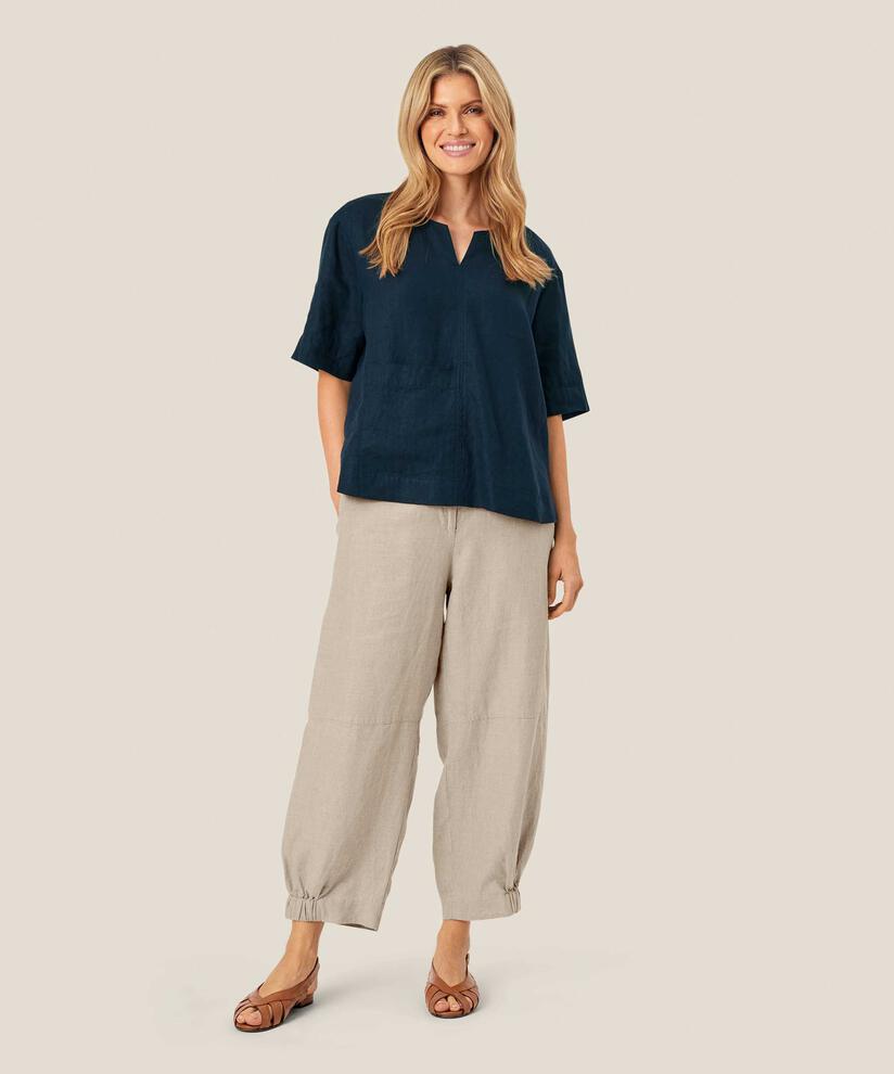 pantalon en lin avec élastique dans le dos et détail sur la jambe, Natural