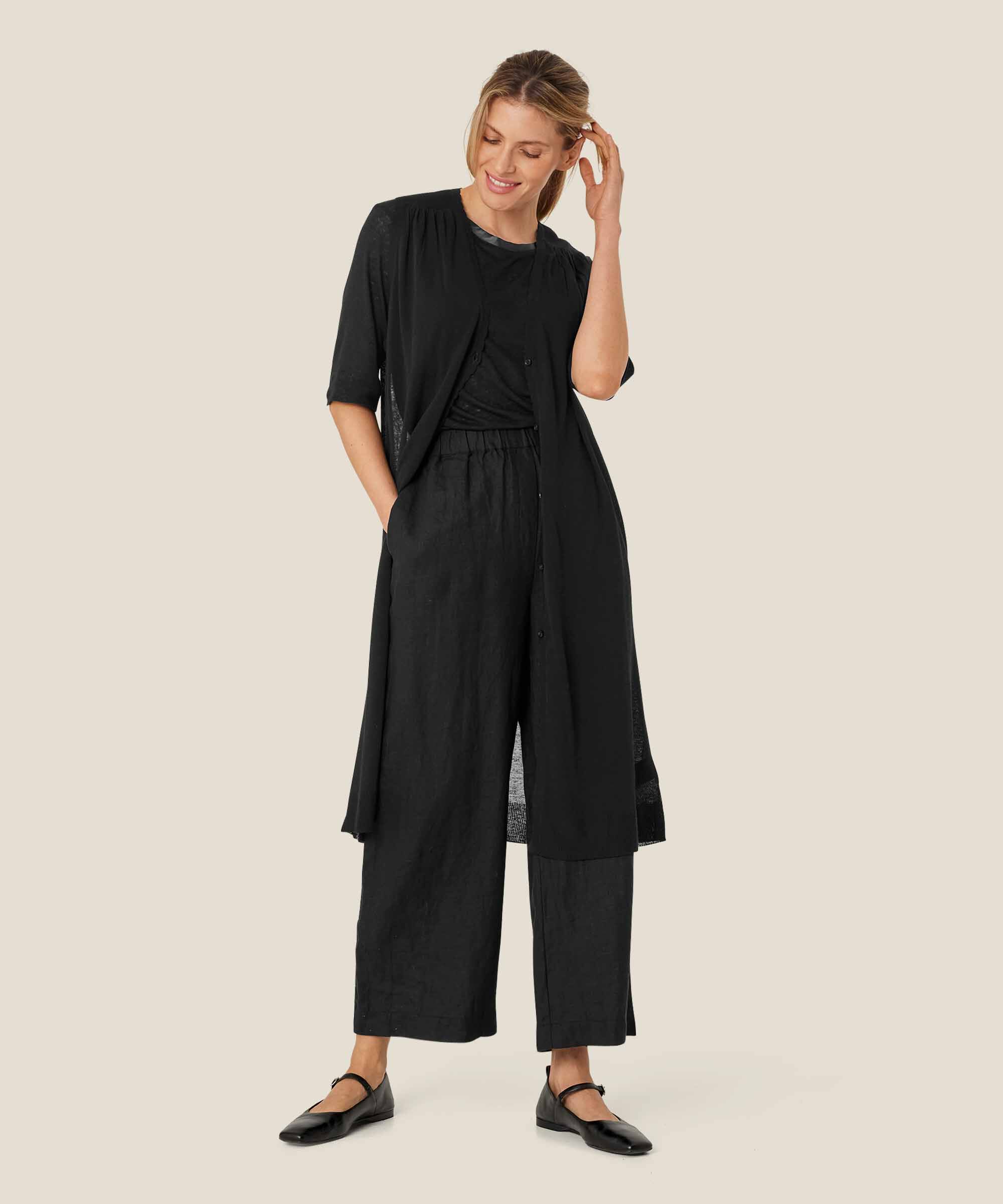 cardigan long tricoté en mélange de lin, Black