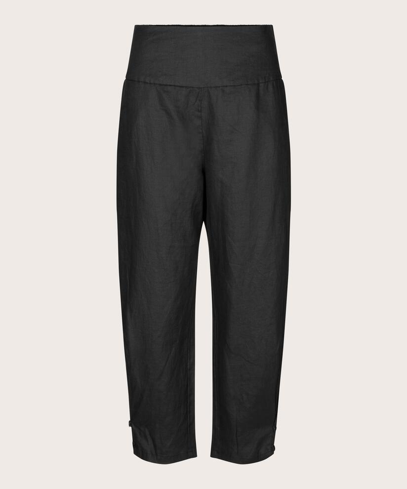 pantalon en lin avec large élastique smocké au dos et détail boutonné, Black