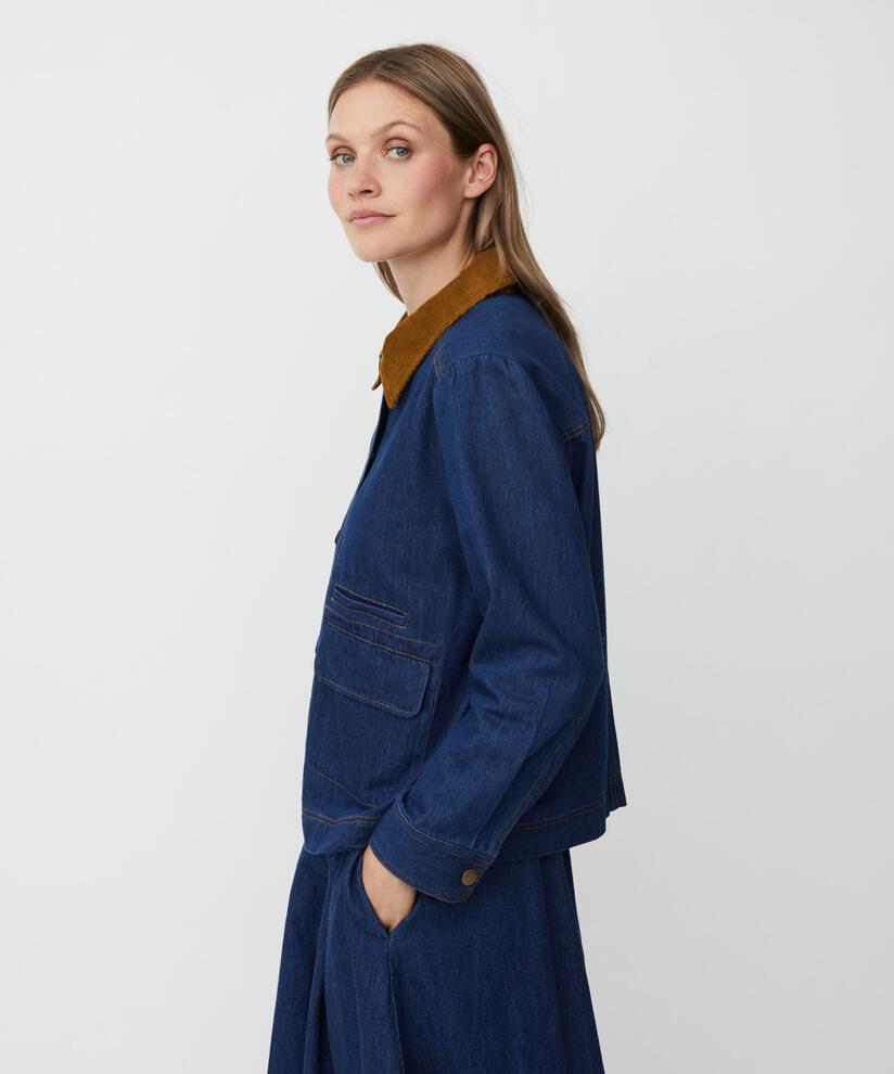 veste en jean avec col en velours et poches avant, Dark Denim