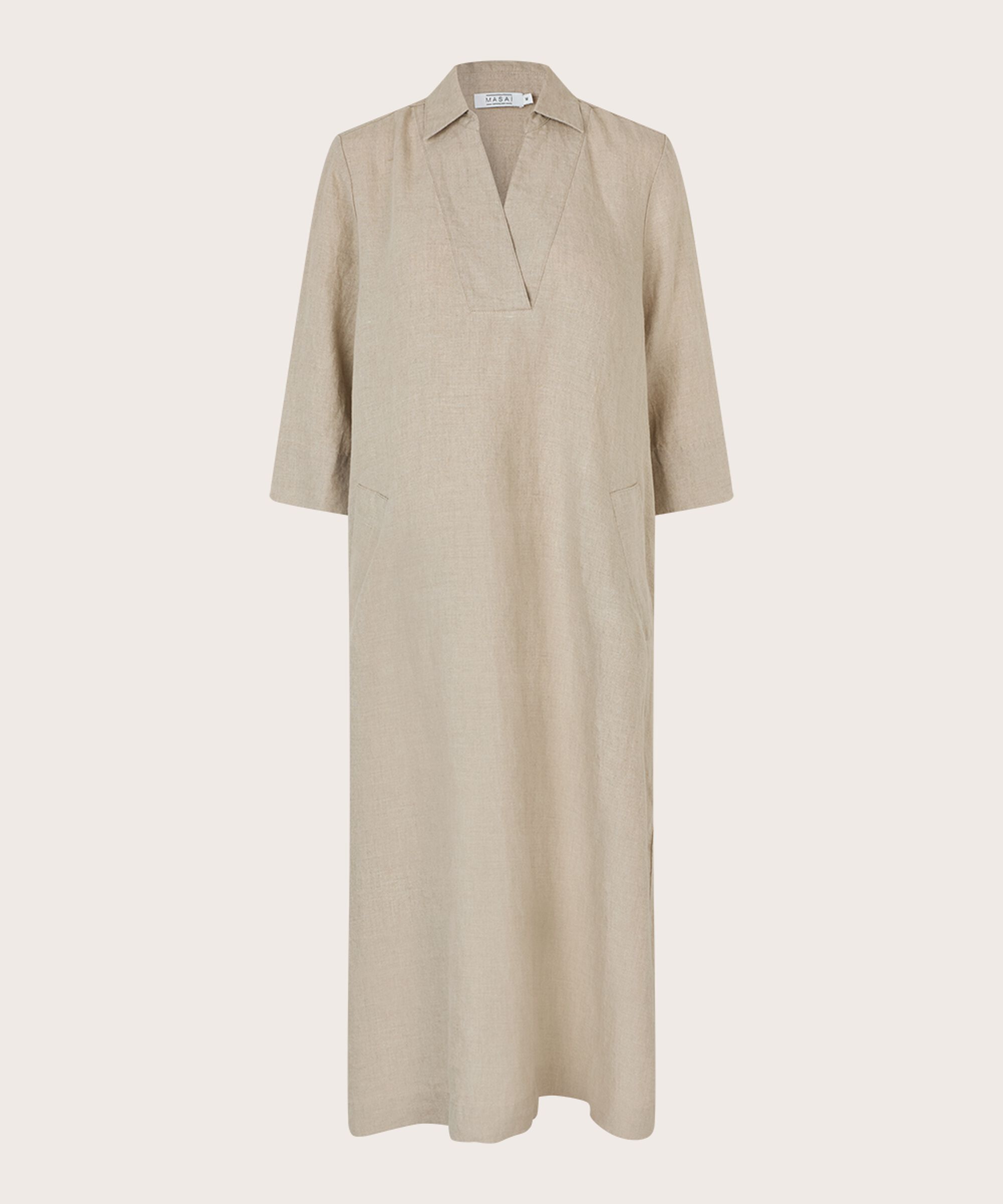 robe en lin avec col en V et poches, Natural