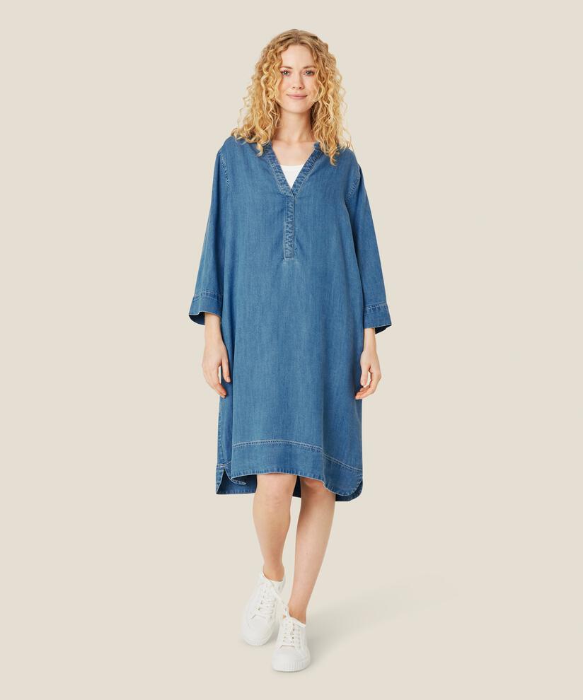 robe en jean avec col en V et poches fendues, Light Denim