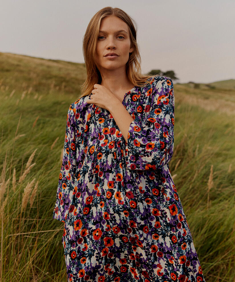 Robe fleurie en viscose avec liens et poches fendues, Meadow Violet