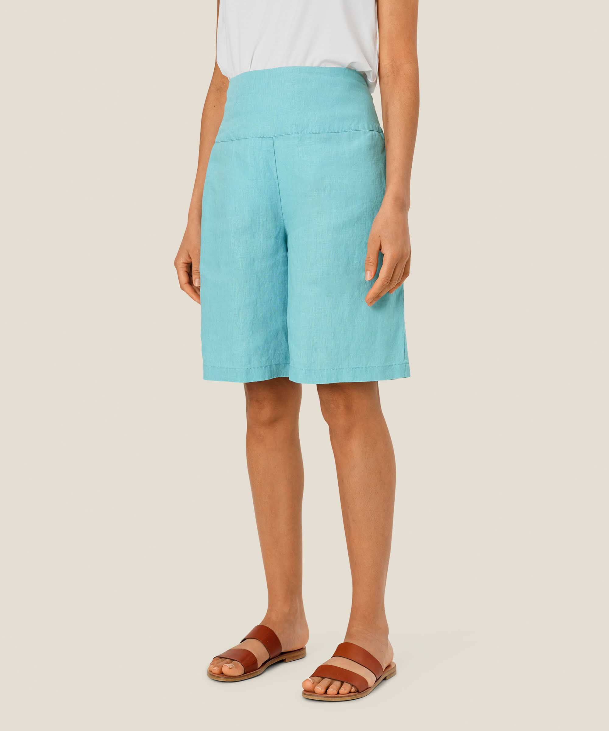 Short En Lin Avec Élastique Smocké Au Dos, Aqua