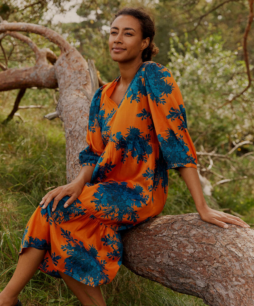 robe en viscose imprimée avec col en V, Russ Orange