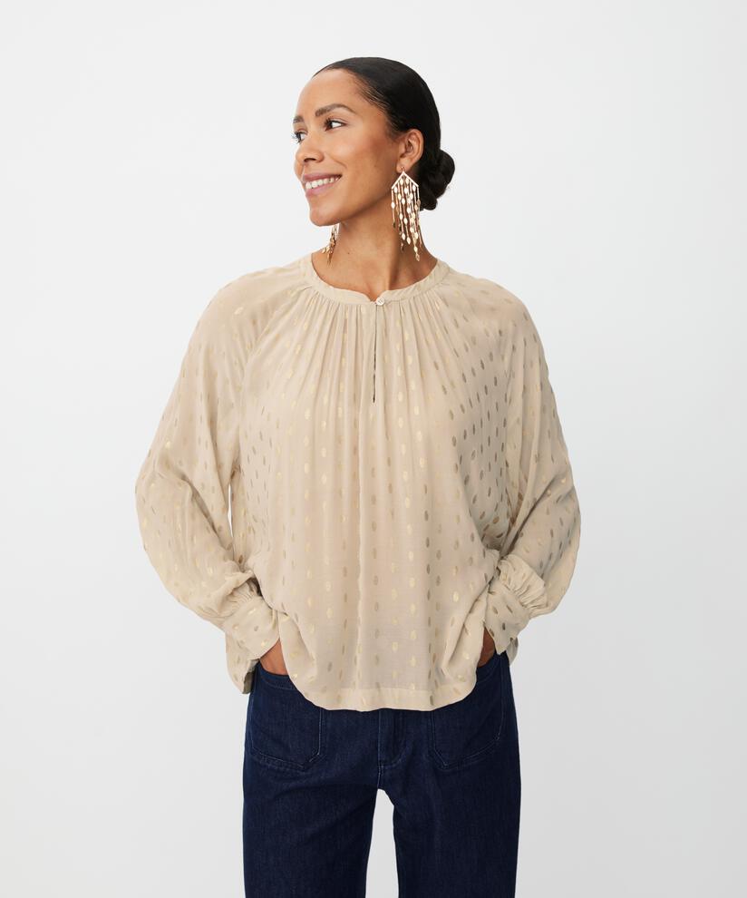 Blouse légèrement transparent à pois dorés et bouton au col, Oxford Tan