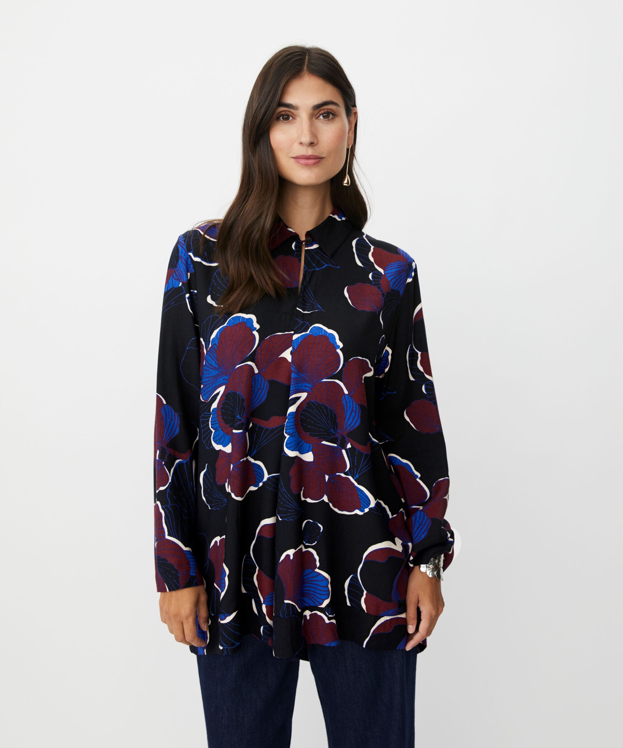 tunique en viscose fleurie avec détail boutonné au niveau du cou, Tawny Port