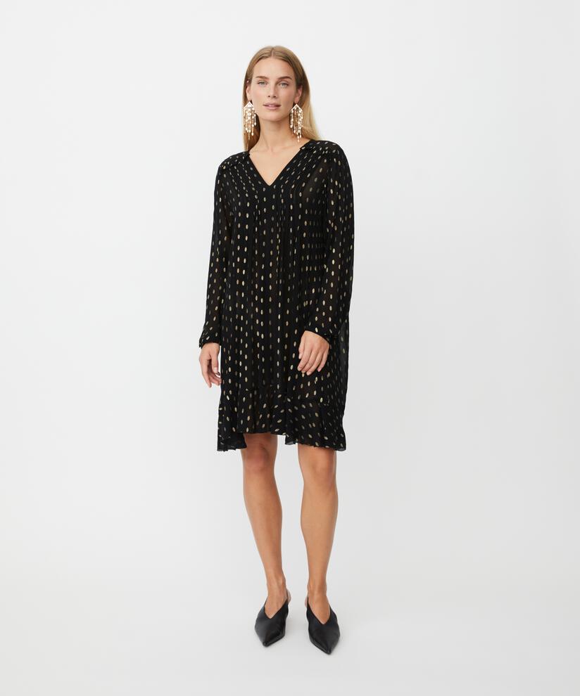 robe légèrement transparente à pois dorés et détails à volants, Black